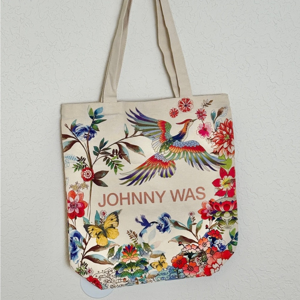Johnny Was Cream Tote with Colorful Floral and Bird Design